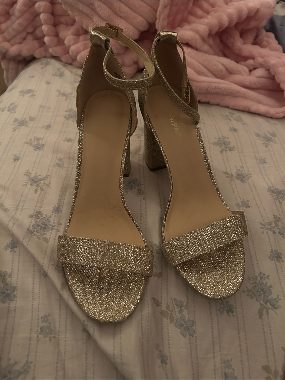 Ankle-Strap Block Heel Sandals in Gold